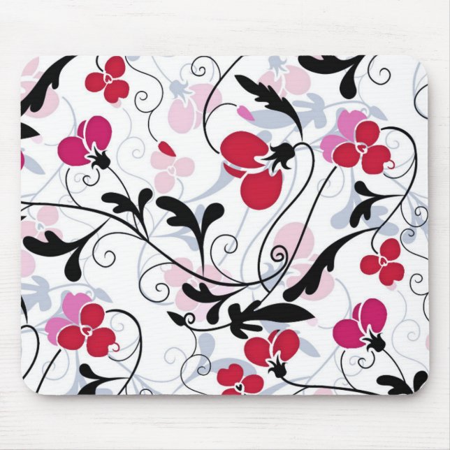 Modern Floral Design Mouse Pad - Red/White/Black (Front)