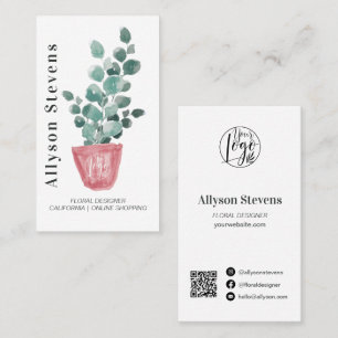 Modern floral designer plant white logo qr code business card