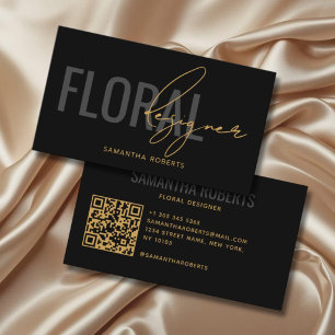 Modern floral designer QR Code black gold Business Card