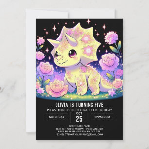 Modern Floral Dinosaur Digital Birthday  Invitation