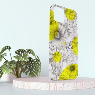 Modern Floral drawing bright yellow Retro circles iPhone 15 Case