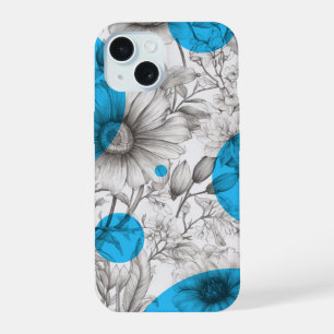 Modern Floral drawing Cyan Blue Retro circles iPhone 15 Case