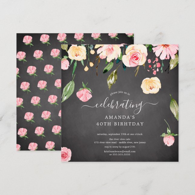 Modern Floral Drop Pink Peonies Birthday Party Inv Invitation (Front/Back)