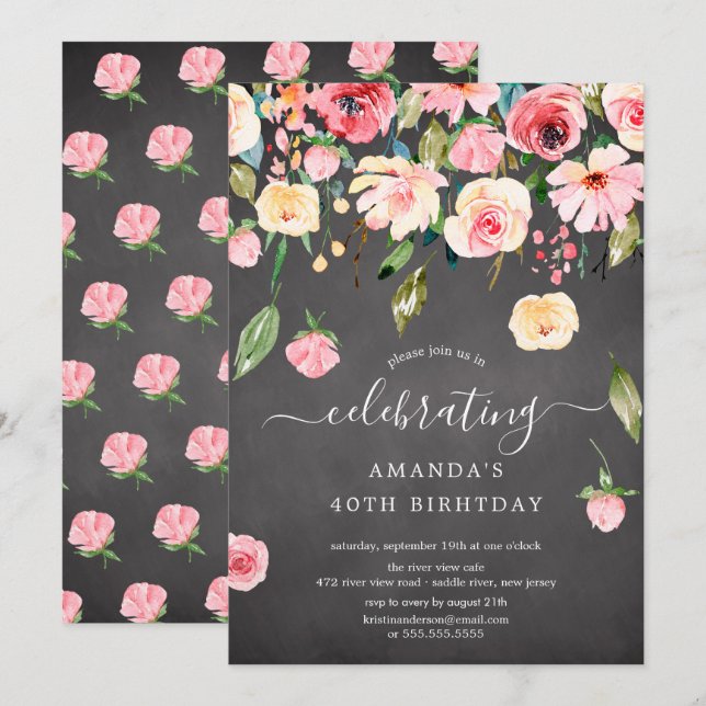 Modern Floral Drop Pink Peonies Birthday Party Inv Invitation (Front/Back)