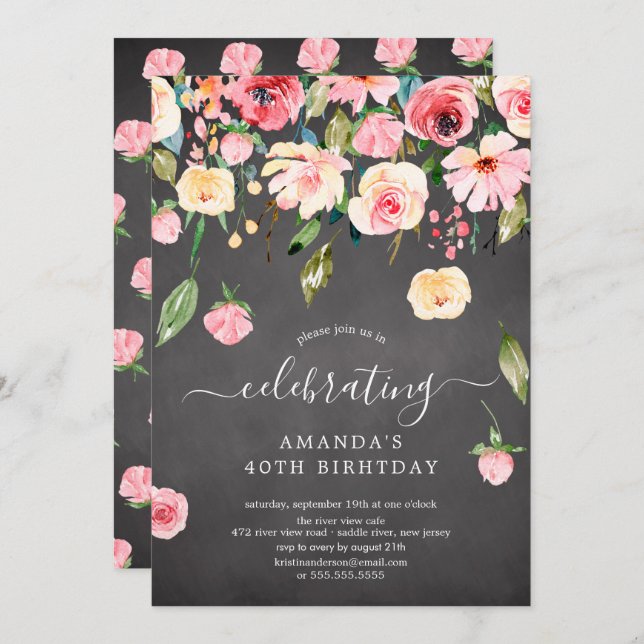Modern Floral Drop Pink Peonies Birthday Party Invitation (Front/Back)