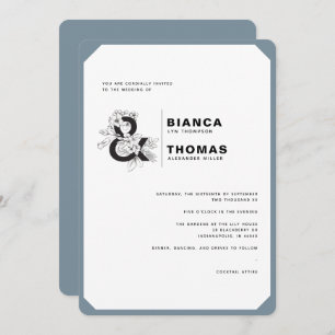 Modern Floral Dusty Blue & White Wedding Invitation