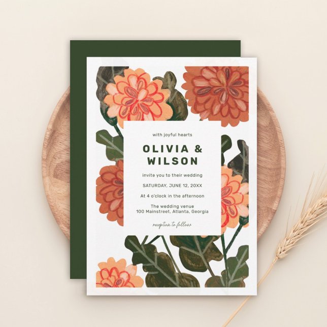Modern floral earth tone peach green wedding invitation (Creator Uploaded)