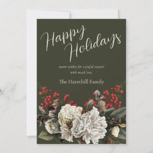 Modern Floral Elegant Script Family Name Holiday Card