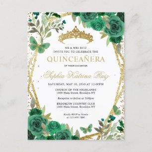 Modern Floral Emerald Green Gold Tiara Quinceañera Postcard