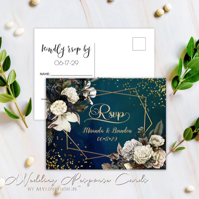 Modern Floral Emerald Green Gold Wedding RSVP Card (Creator Uploaded)