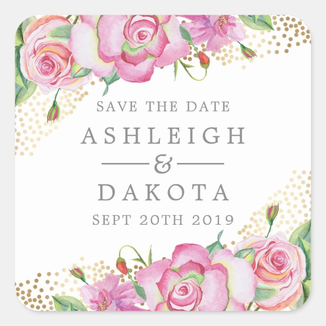 Modern Floral English Rose Gold Confetti Wedding Square Sticker (Front)