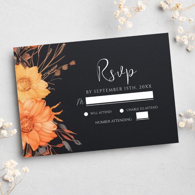 Modern Floral Fall Black Wedding RSVP Card (Modern Floral Fall Black Wedding RSVP Card)