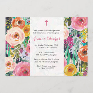 Modern Floral First Communion Personalized Invites