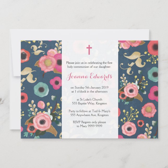 Modern Floral First Communion Personalized Invites (Front)