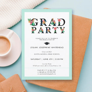 Modern Floral Font Grad Party Invitation
