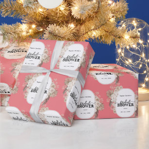 Modern Floral Frame Bridal Shower Pink Background Wrapping Paper