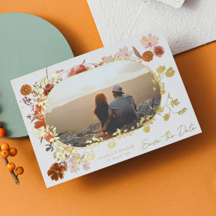 Modern Floral Frame Photo Save The Date Gold
