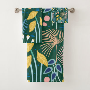 Modern Floral Garden Illustration Pattern in Green Bath Towel Set