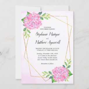 Modern Floral Geometric Pink Hydrangea Wedding Invitation