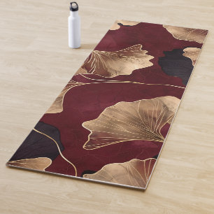 Modern Floral Ginkgo Burgundy Gold Yoga Mat