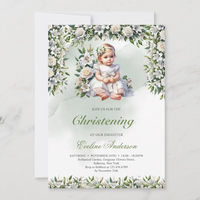 Modern floral girl Christening invitation (Front)