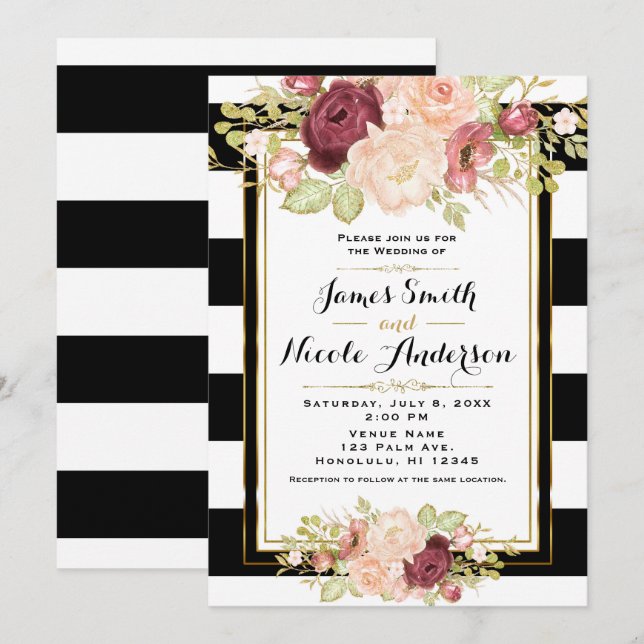 Modern Floral Glam Black White Stripes Wedding Invitation (Front/Back)