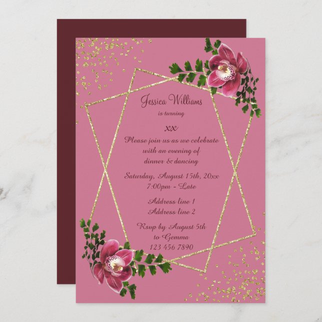 Modern Floral, Glitter & Confetti Woman's Birthday Invitation (Front/Back)