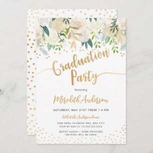 Modern Floral gold Confetti graduation party Invitation