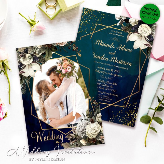 Modern Floral Gold Emerald Green Photo Wedding Invitation (Creator Uploaded)