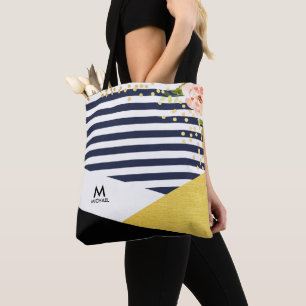 Modern Floral Gold Foil and Navy Blue Stripe Style Tote Bag