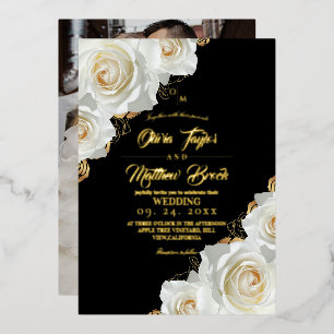 Modern Floral Gold Foil Ivory Roses Black Wedding
