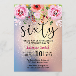 Modern Floral Gold Glitter 60th Birthday Invitation