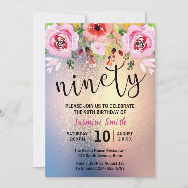 Modern Floral Gold Glitter 90th Birthday Invitation (Front)