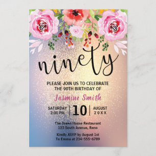 Modern Floral Gold Glitter 90th Birthday Invitation