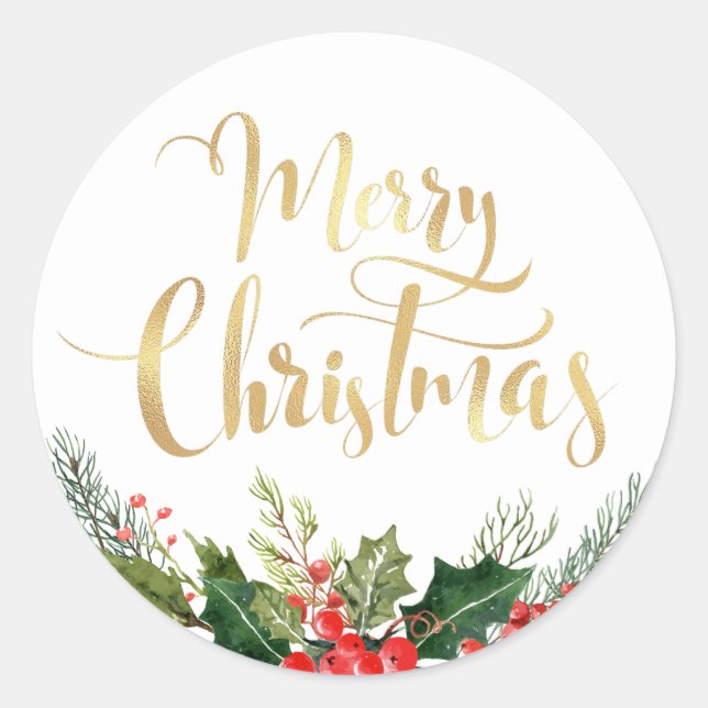 Modern floral gold script holiday sticker (Front)