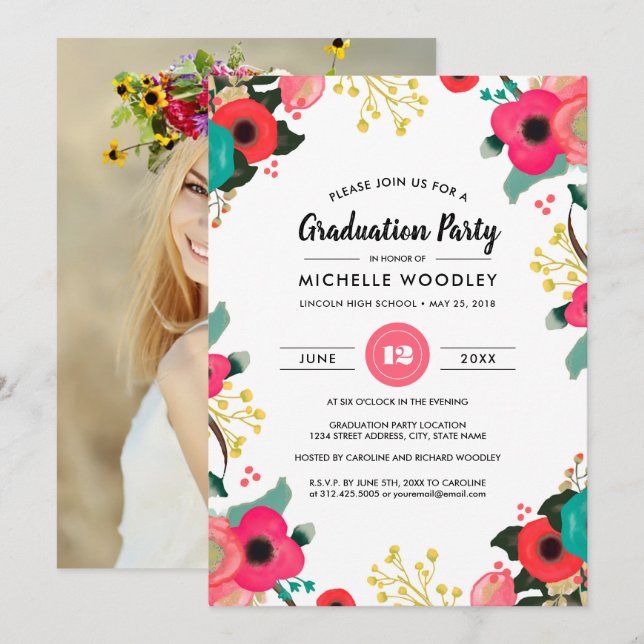 Modern Floral Graduation Invitation Photocards (Front/Back)