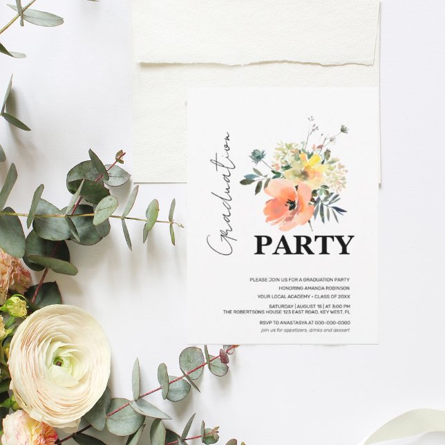 Modern Floral Graduation Peach and Greenery  Invitation (Creator Uploaded)