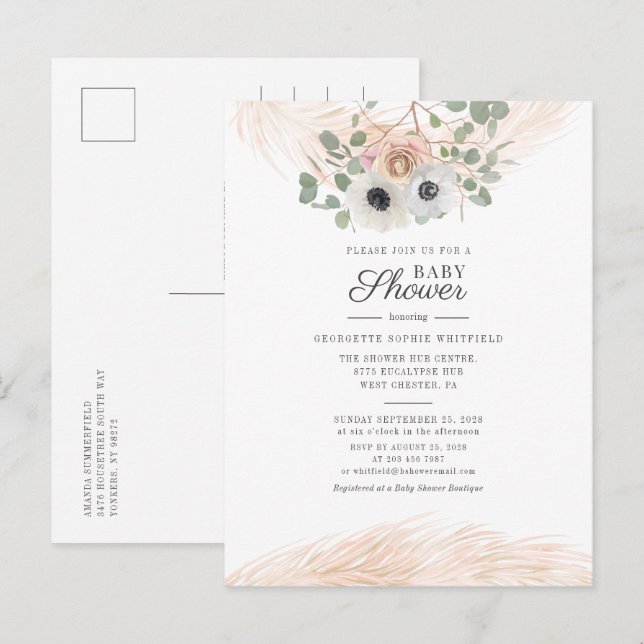 Modern Floral Greenery Pampas Grass Baby Shower Invitation Postcard (Front/Back)
