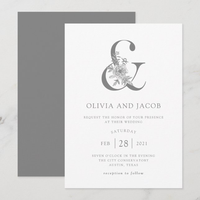 Modern Floral | Grey and White Ampersand Wedding Invitation (Front/Back)