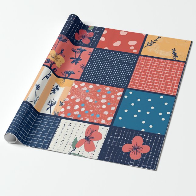 Modern Floral Grid Patchwork Pattern Wrapping Paper (Unrolled)