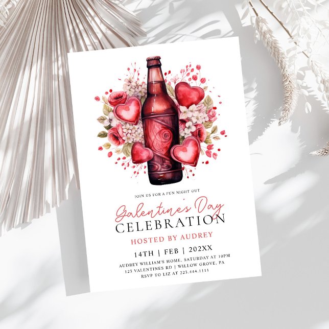 Modern Floral Hearts Beer Galentine's Day Party Invitation (Creator Uploaded)