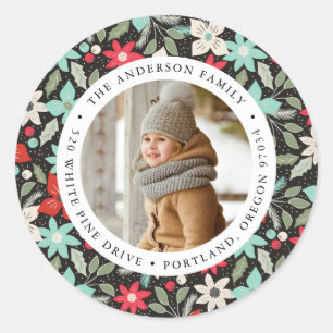 Modern Floral   Holiday Photo Return Address Classic Round Sticker