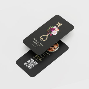 Modern Floral Key Realtor Real Estate Black Gold Business Card