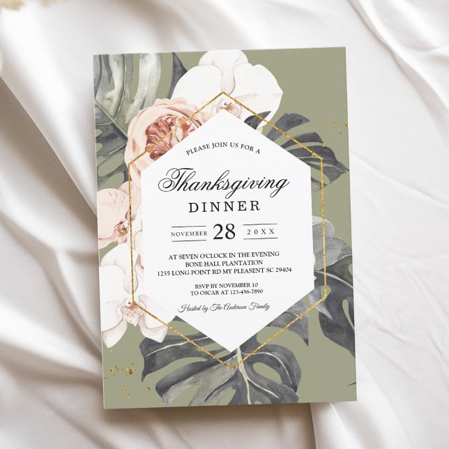 Modern Floral Khaki Tropical Leaves & Orchid  Invitation (Creator Uploaded)