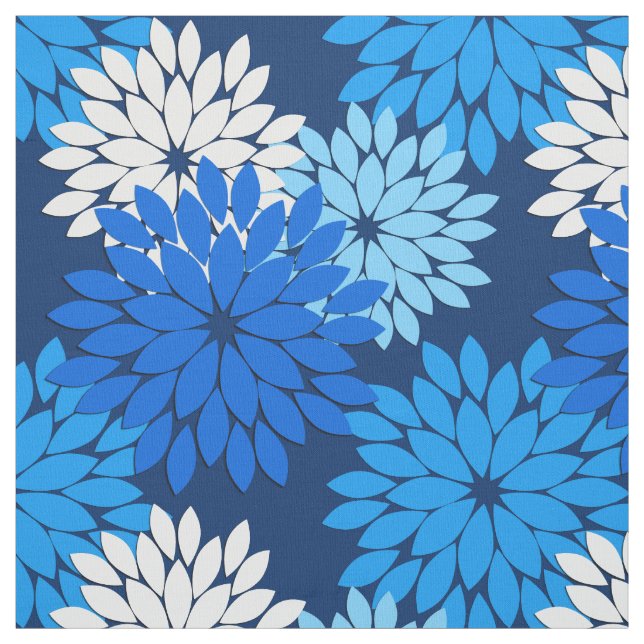 Modern Floral Kimono Print, Blue, Aqua & Navy Fabric (Swatch)