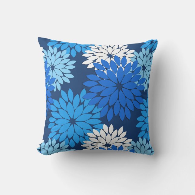 Modern Floral Kimono Print, Blue, Aqua & Navy Outdoor Pillow (Front)