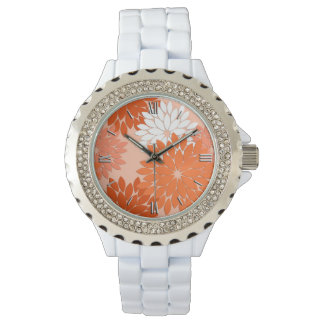 Modern Floral Kimono Print, Coral Orange on Peach Watch