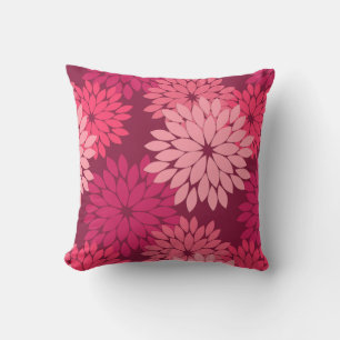 Modern Floral Kimono Print, Coral Pink & Burgundy Throw Pillow