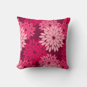 Modern Floral Kimono Print, Coral Pink & Burgundy Throw Pillow