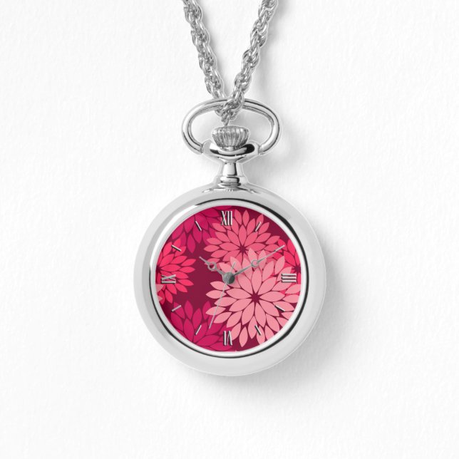 Modern Floral Kimono Print, Coral Pink & Burgundy Watch (Front)